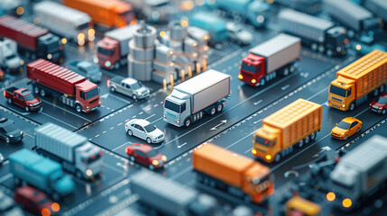 Miniature model of a bustling logistics network with various colorful trucks and vehicles on interconnected roads, showcasing the complexity of transportation and distribution systems.