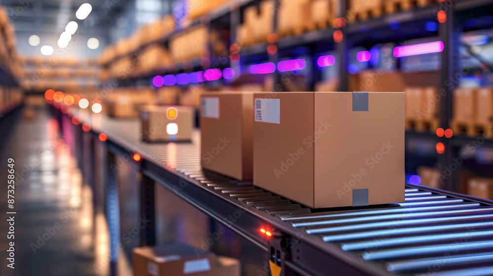 Poster modern warehouse with a conveyor belt system, moving cardboard boxes in an organized manner, showcas