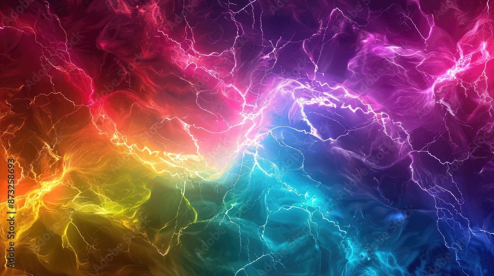 Poster futuristic rainbow lightning pattern on abstract background, blending vibrant colors in a dynamic an