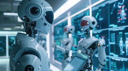 Fototapeta premium Futuristic scene of medical robots performing diagnostics, examining charts on a virtual screen in an advanced healthcare facility