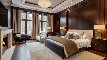 cool expensive interior design of room in prestigious luxury hotel with dark tones with modern LED lighting and stylish furniture. the area with a sink is separated by dark glass from the bedroom