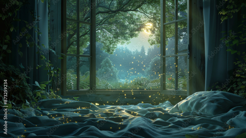 Poster a window with a view of a forest and a lake