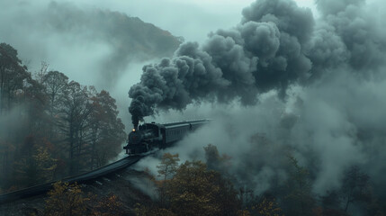 Fototapeta premium A train is traveling through a foggy forest with smoke coming out of the engine