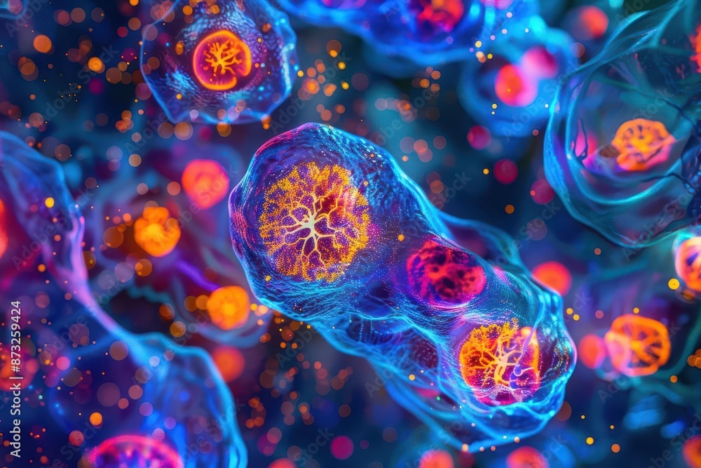 Aufkleber microscopic view of vibrant 3d human stem cells intricate cellular structures glowing with biolumine
