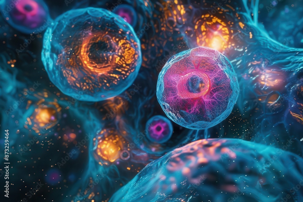 Aufkleber microscopic view of vibrant 3d human stem cells intricate cellular structures glowing with biolumine