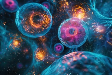 microscopic view of vibrant 3d human stem cells intricate cellular structures glowing with bioluminescent colors in a dark void