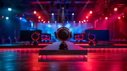 eSports championship stage podium with gaming trophies, eSports team logos, and competitive gaming arena. , Minimalism,