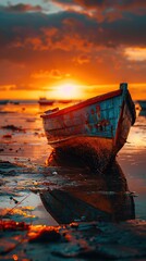 Vibrant Sunset with Boat on Serene Beach