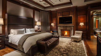 cool expensive interior design of room in prestigious luxury hotel with dark tones with modern LED lighting and stylish furniture. the area with a sink is separated by dark glass from the bedroom
