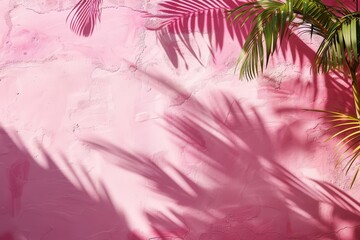 minimalist composition of pink wall with soft organic shadows from unseen palm leaves creating an abstract tropical ambiance