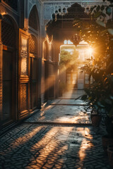 Fototapeta premium Sunlit Morrocan Courtyard with Intricate Arches and Lush Vegetation at Dusk