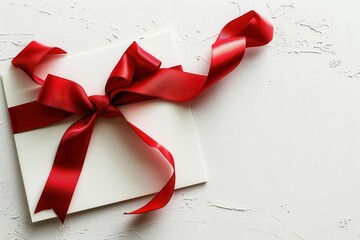 Fototapeta premium minimalist gift card presentation with red ribbon bow on pristine white surface