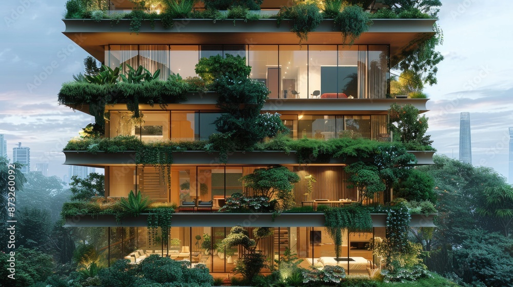 Poster a tall building with a green roof and many windows. the building is surrounded by trees and has a lu