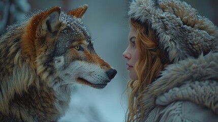 Woman and Wolf Face to Face