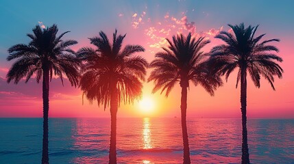 Obraz premium Palm tree silhouettes against a sunset sky, capturing the essence of tropical vacations. , Minimalism,