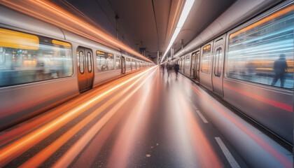 Long exposure of a commuter route with public transportation in a large city for inner-city transport of passengers at night