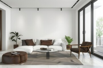 Fototapeta premium minimalist modern white living room interior with blank wall brown furniture accents 3d render