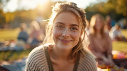 Obraz premium Happy woman enjoying a picnic with friends, focus on, bonding and happiness, dynamic, composite, sunny park backdrop