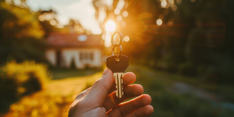 Hand Holding House Key in Front of Home at Sunset, Symbolizing Real Estate Success and New Beginnings