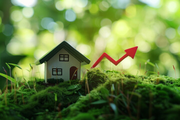 Miniature House with Red Arrow on Growth Path in Green Natural Setting Representing Real Estate Market Growth