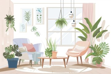 minimalist scandinavian interior cozy living room with pastel accents and houseplants vector illustration