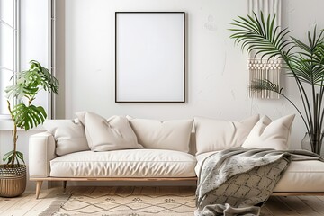 minimalist scandinavian living room large blank picture frame neutral color palette natural textures houseplants soft diffused lighting clean lines cozy throw blankets sleek furniture