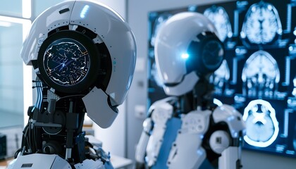 Humanoid Diagnostic Robot in Futuristic Healthcare Concept Viewing Virtual Charts