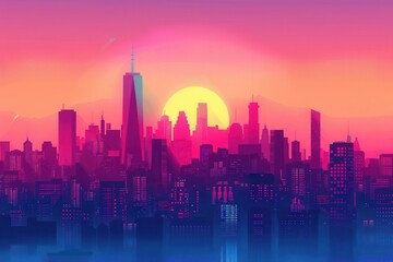 Fototapeta premium minimalist sunrise cityscape with vibrant colors urban skyline vector illustration