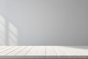 Empty Wooden table top with blurry background of shadow white wall. Generative ai