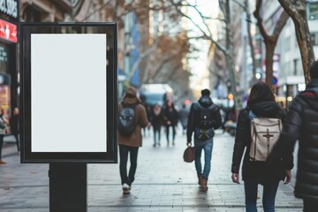 Obraz premium minimalist urban scene featuring a blank digital billboard in a bustling pedestrian area soft focus background of people walking perfect for advertising mockups