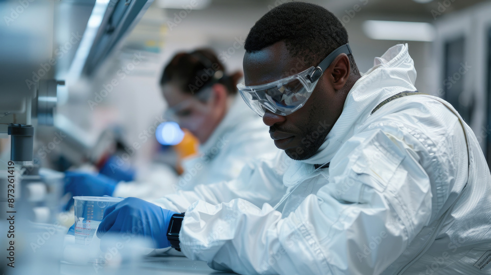 Poster scientists in protective gear and goggles working intently in a high-tech laboratory, focused on the