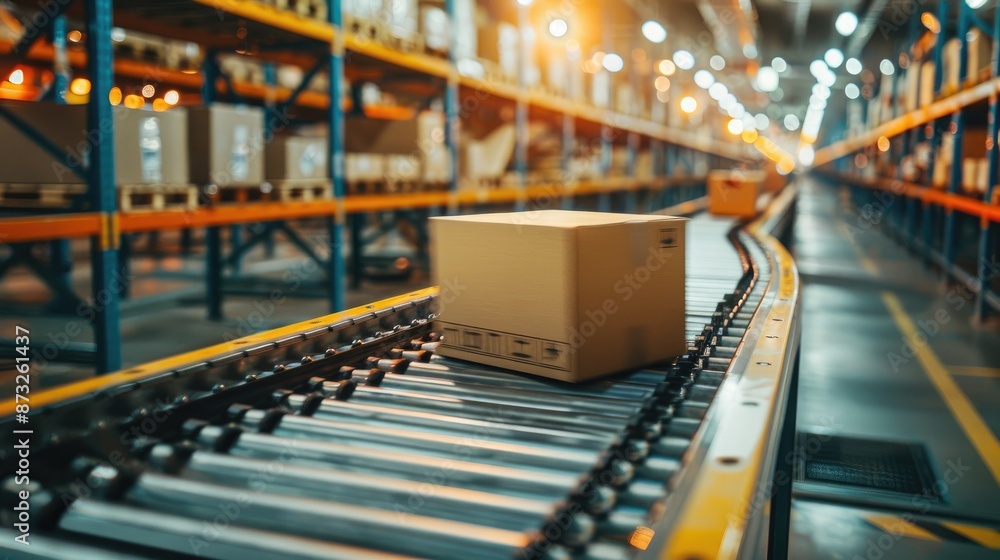 Poster warehouse with a conveyor belt system, moving cardboard boxes in an organized manner, showcasing eff