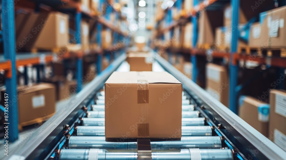 Poster warehouse with a conveyor belt system, moving cardboard boxes in an organized manner, showcasing eff