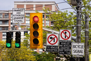 Confusing street signs on the street car route on King Street in Toronto, Canada
