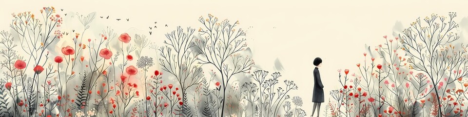 A woman stands in a field of flowers and trees, looking out into the distance, Minimal Vector illustration, showcasing gratitude