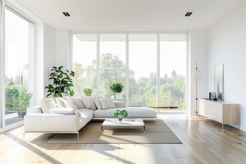 minimalist white living room with panoramic windows clean lines contemporary furniture warm wood accents abundant natural light serene atmosphere focus on spaciousness and elegant simplicity