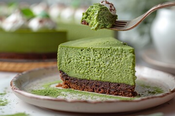A slice of Matcha Cheesecake on a dessert fork. Matcha Cheesecake, Green matcha cheesecake, Cheesecake green matcha tea, Green tea cheesecake, green tea cheese cake, Matcha baked cheese cake