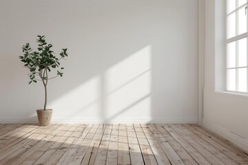 minimalist white room interior with warm wooden flooring bathed in soft natural light featuring a single potted plant for organic contrast