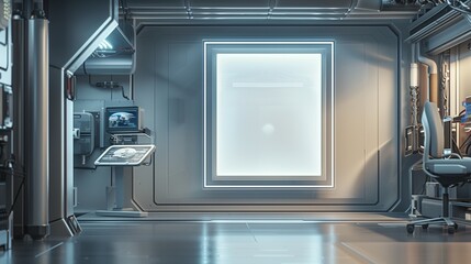 Obraz premium Sleek minimalist empty canvas in a futuristic workspace with high-tech features and modern aesthetics, silver frame, ideal for tech-focused ad mockups.