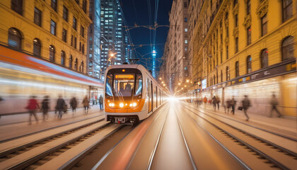Fototapeta premium Long exposure of a commuter route with public transportation in a large city for inner-city transport of passengers at night