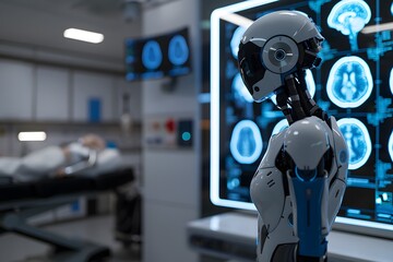 Futuristic Concept of Healthcare with Humanoid Robot Viewing Virtual Medical Charts