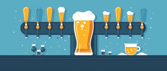 Beer tap with glasses of beer on blue background.