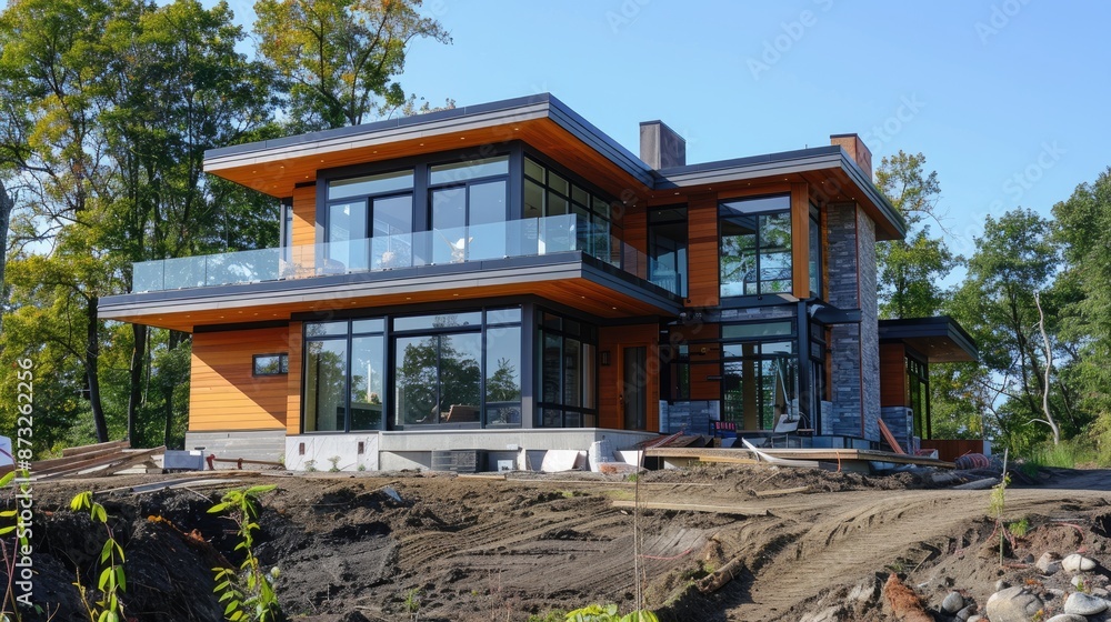 Poster modern residential home designed to be net-zero with advanced insulation and solar windows.