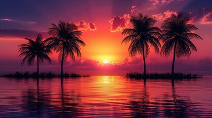 Tropical sunset with palm trees silhouetted against an orange and purple sky, ideal for vacation themes. , Minimalism,