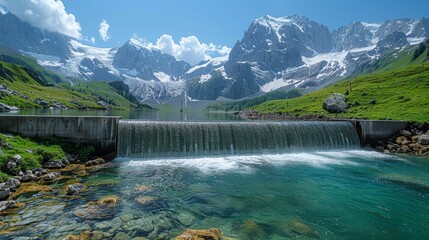 Serene landscape with green technology and hydroelectric dam generating power.