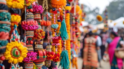 Colorful handmade decorations for sale at a bustling market.