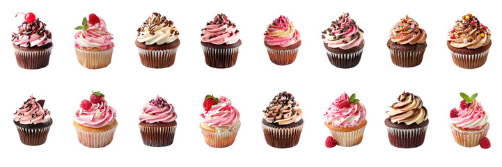 Set of An overhead shot of a rustic kitchen counter adorned with freshly baked cupcakes cooling on wire racks isolated on a transparent background