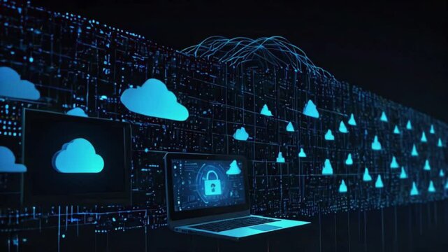encrypted data packets traveling through secure lines to the blue cloud. Emphasize security measures like firewalls and encryption keys, ensuring safe data transfer in a futuristic setting, 4K High-Qu