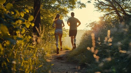 Trail running concept. Man and woman running on nature trails, representing endurance, unity and companionship, active lifestyles.