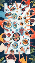 Naklejka premium A diverse group of people enjoy a meal together at a large table filled with colorful food. The image captures a sense of community and celebration.